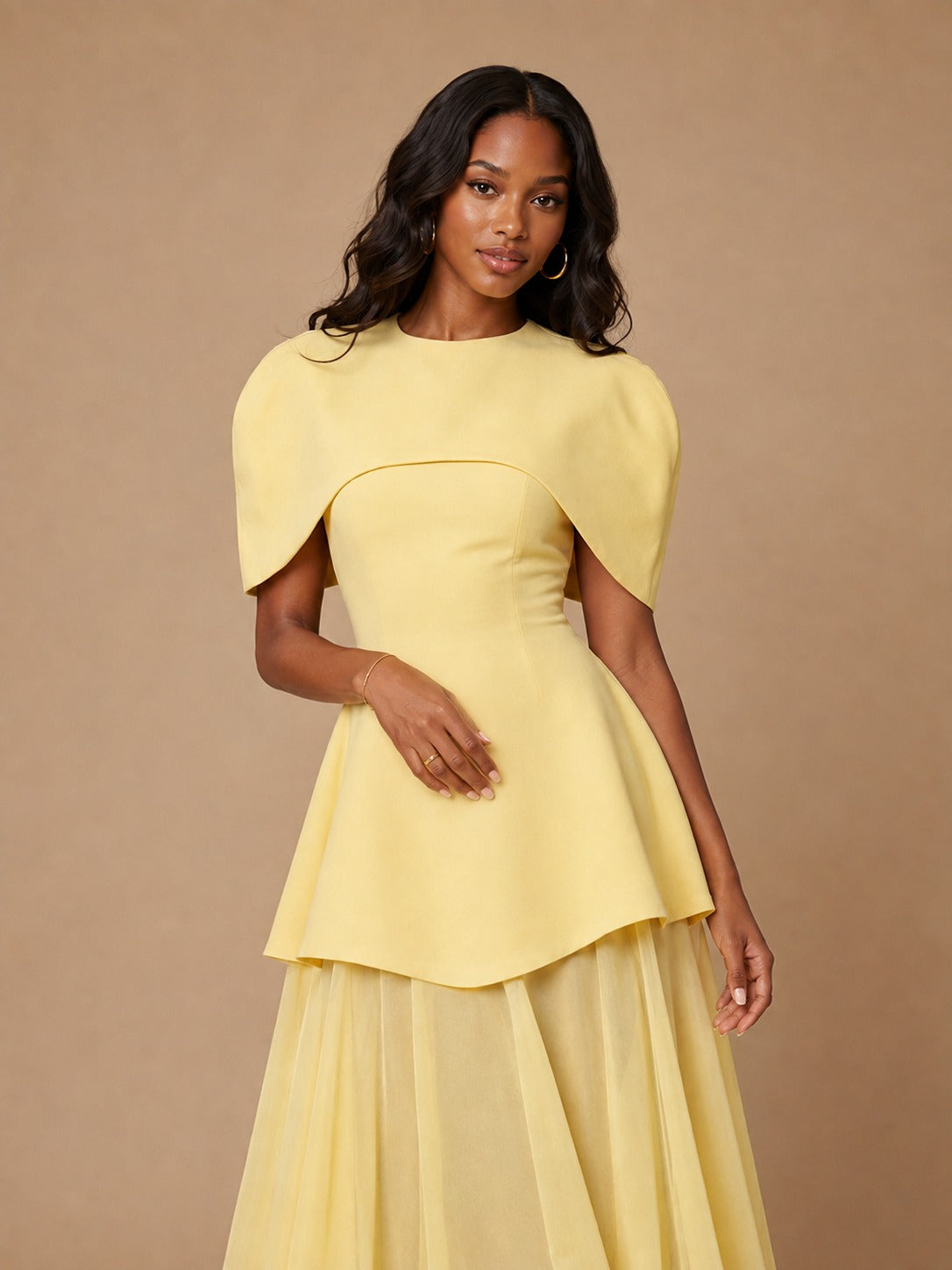 Jovellee yellow floor length dress with structured peplum detail
