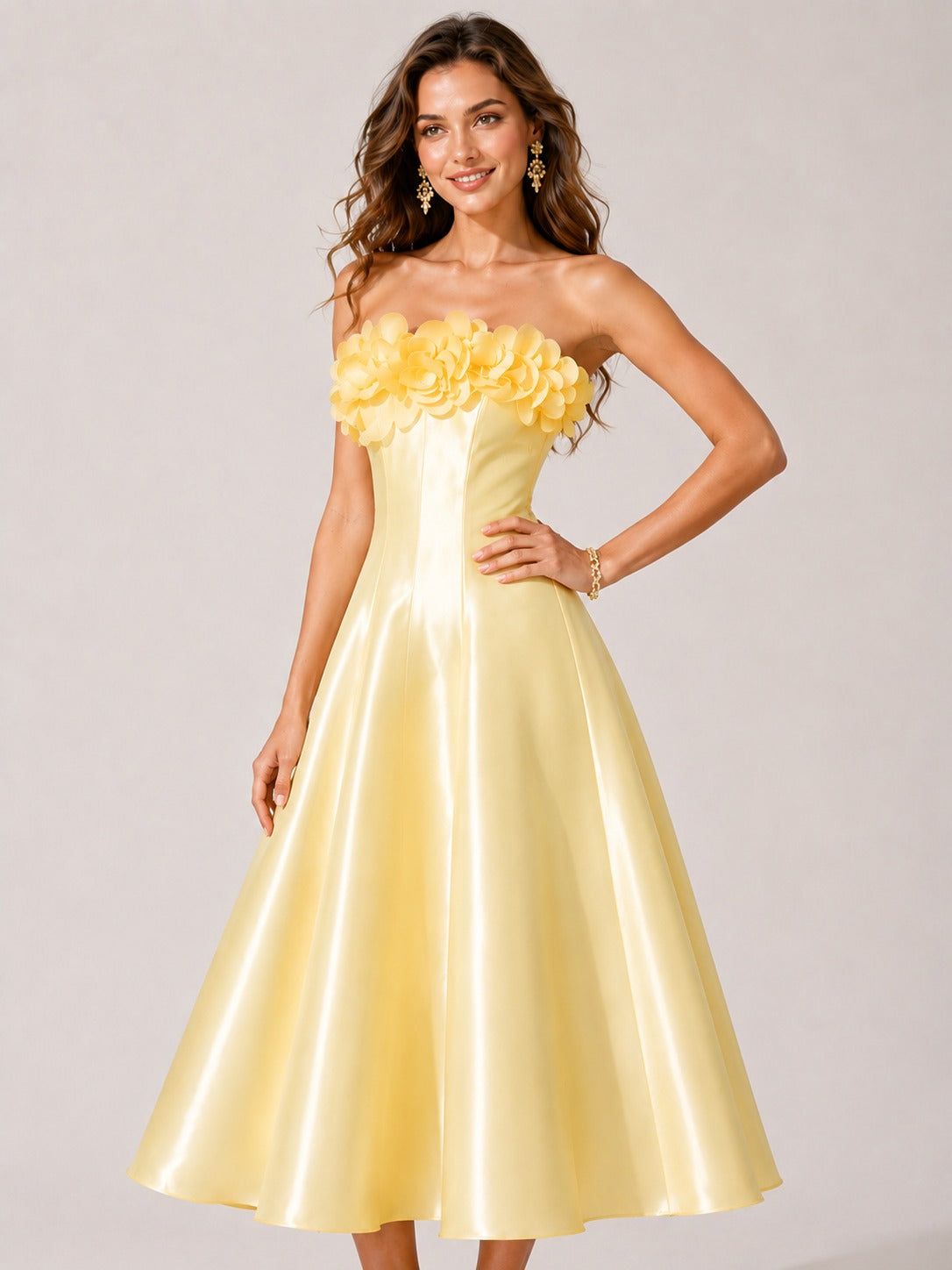 Jovellee yellow satin cocktail dress with 3D flower detail