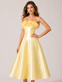 Jovellee yellow satin cocktail dress with 3D flower detail