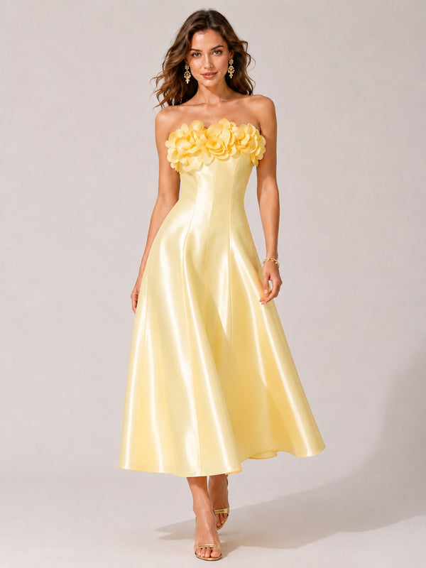 Jovellee yellow strapless satin midi dress with 3D floral appliqu¨¦