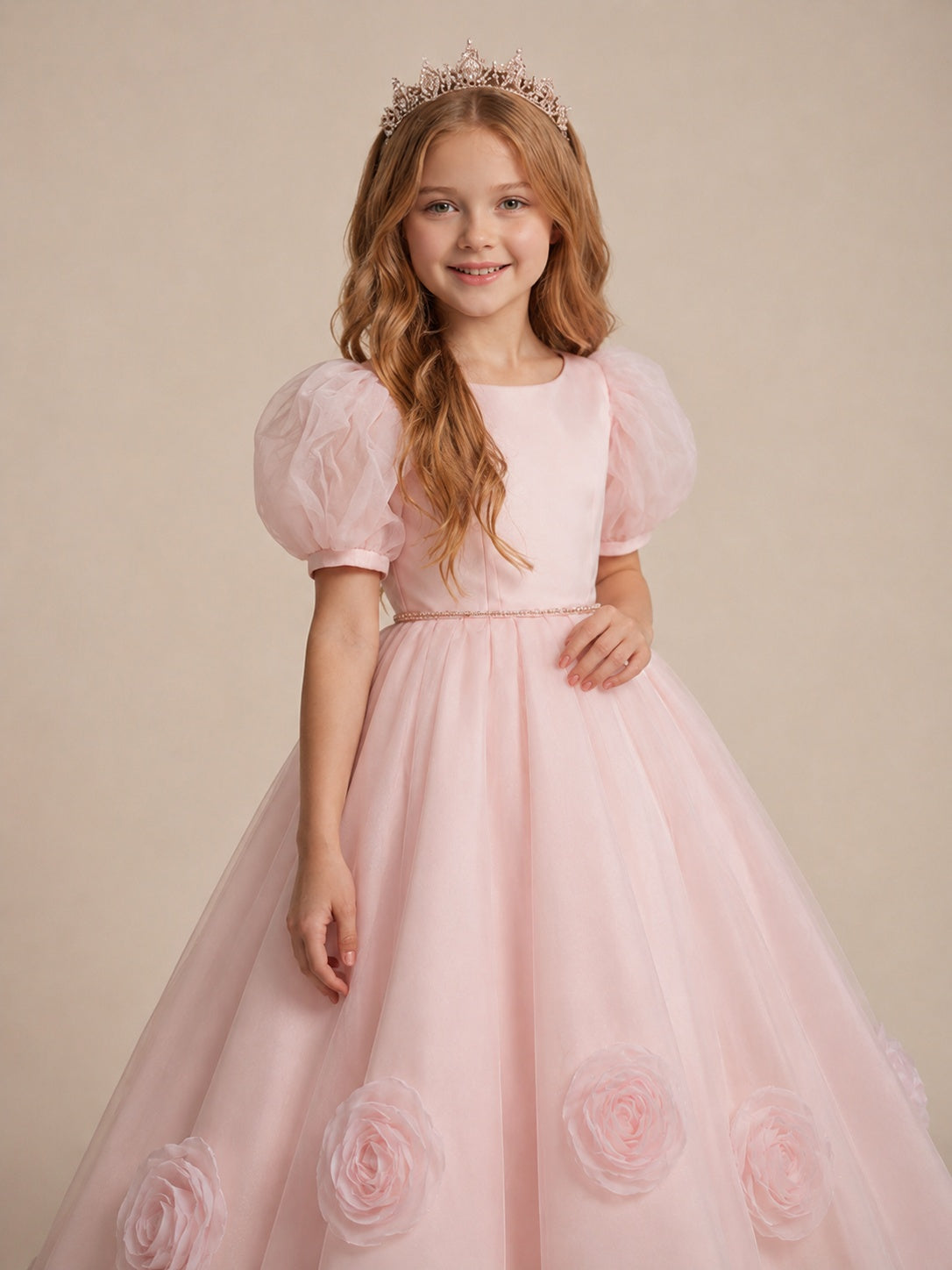 Blush Pink 3D Floral Tulle Flower Girl Dress with Puff Sleeves