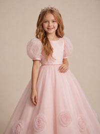 Blush Pink 3D Floral Tulle Flower Girl Dress with Puff Sleeves