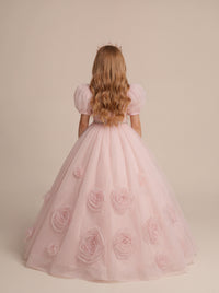 Blush Pink 3D Floral Tulle Flower Girl Dress with Puff Sleeves