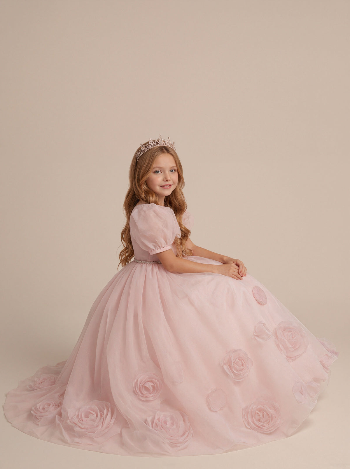 Blush Pink 3D Floral Tulle Flower Girl Dress with Puff Sleeves