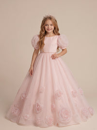 Blush Pink 3D Floral Tulle Flower Girl Dress with Puff Sleeves