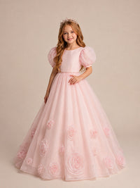 Blush Pink 3D Floral Tulle Flower Girl Dress with Puff Sleeves