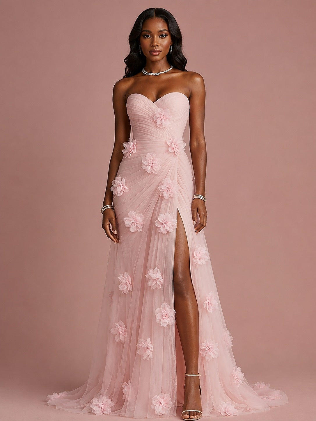 Pink 3D Floral Applique Strapless Tulle Prom Dress with High Slit