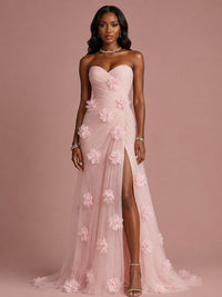 Pink 3D Floral Applique Strapless Tulle Prom Dress with High Slit