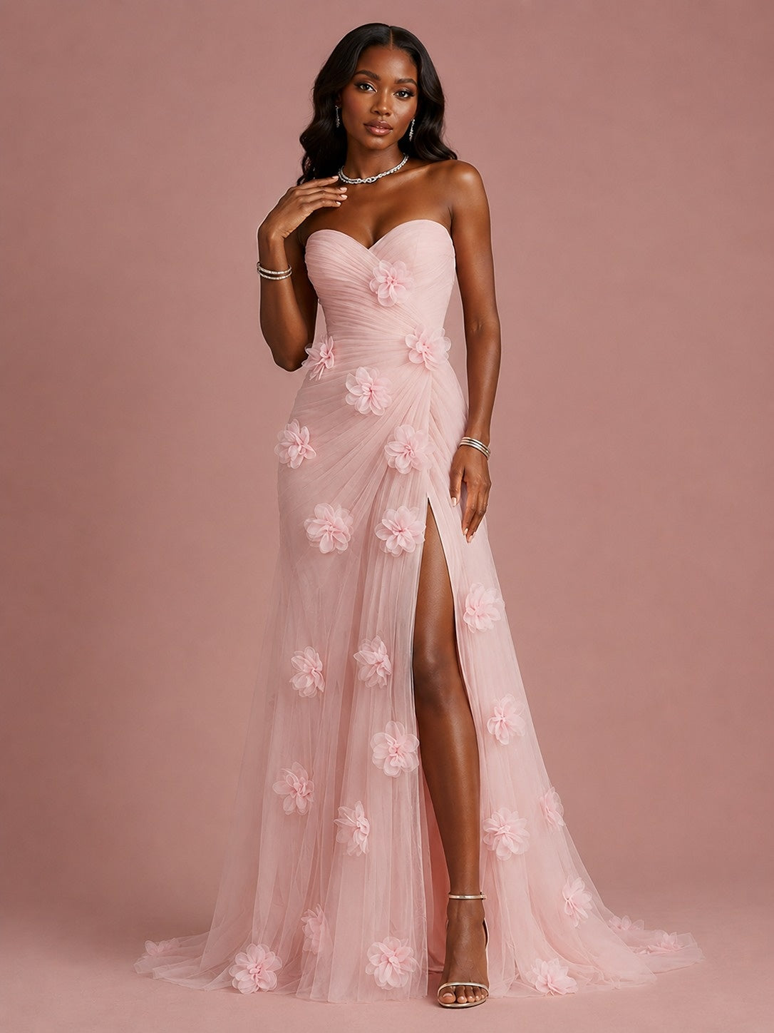 Jovellee pink 3D floral applique strapless tulle prom dress with high slit