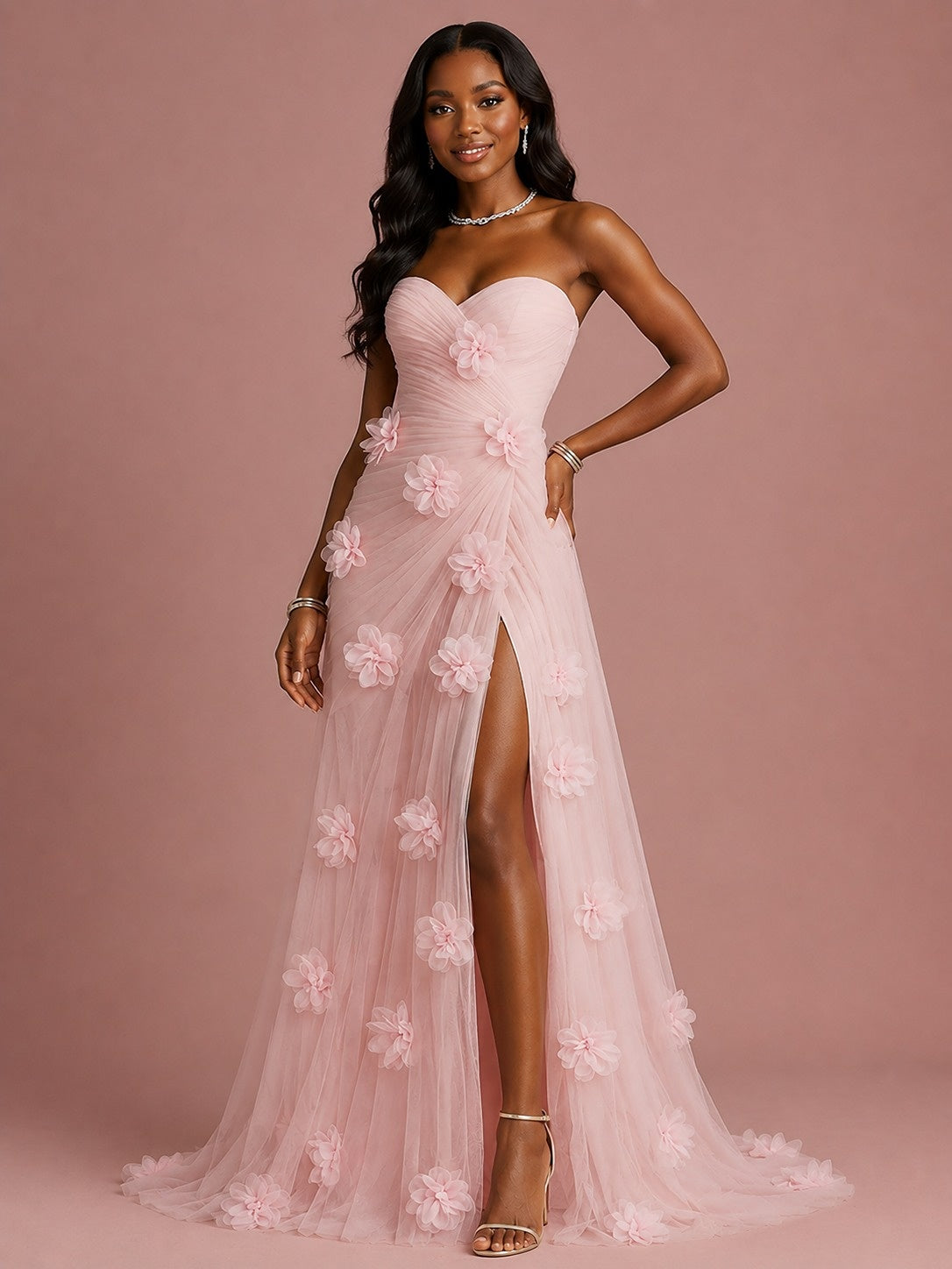 Pink floral strapless prom dress with 3D flower appliques