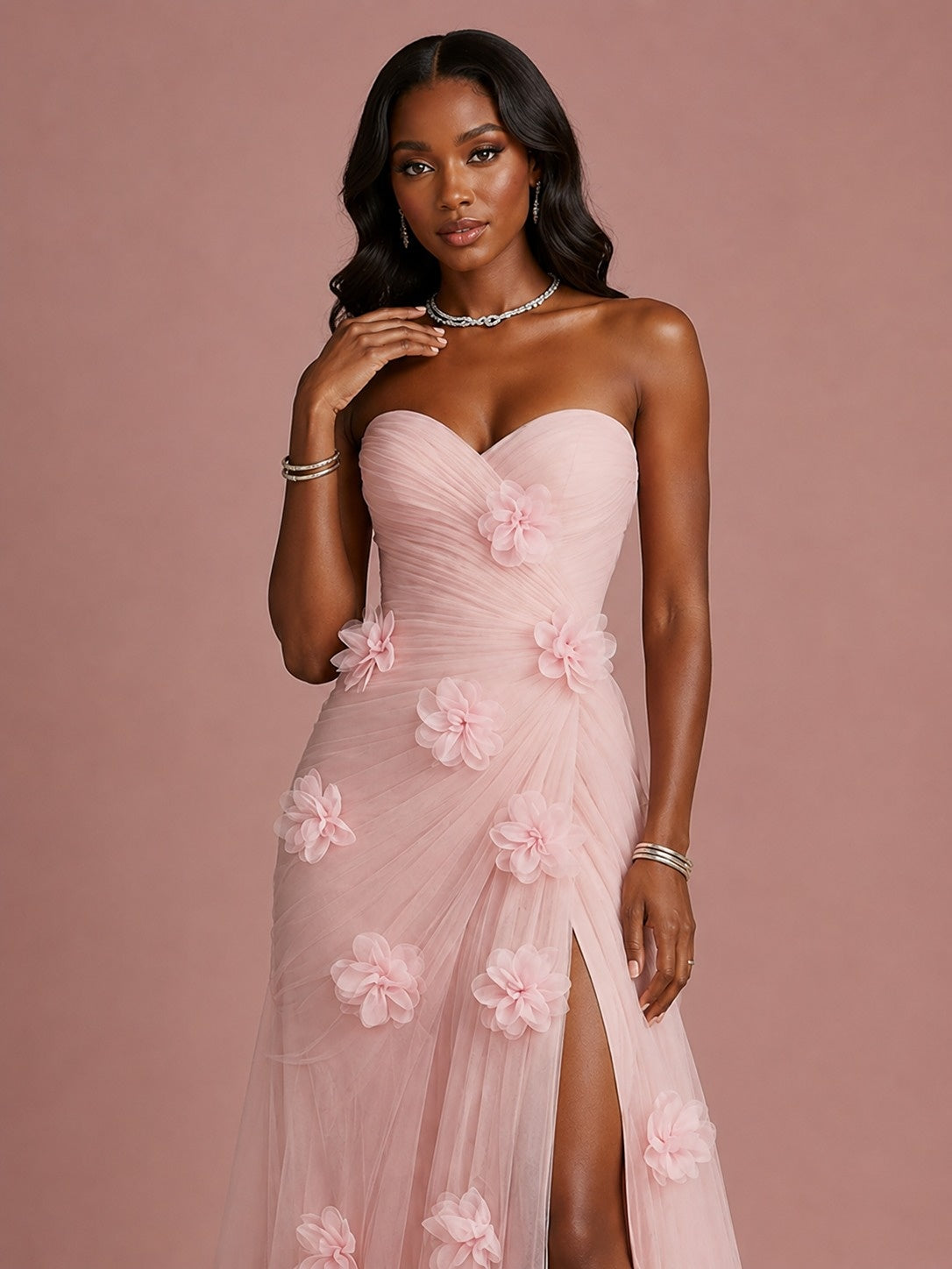 Blush pink sweetheart tulle prom dress with thigh-high slit