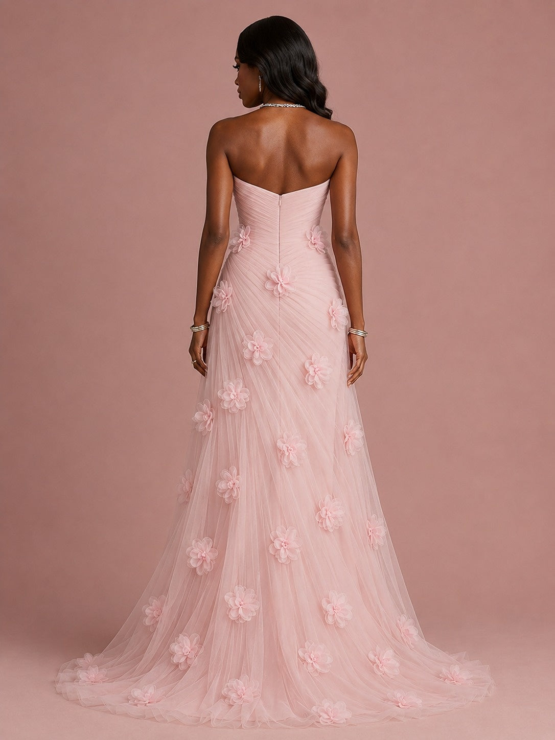 Pink 3D Floral Applique Strapless Tulle Prom Dress with High Slit