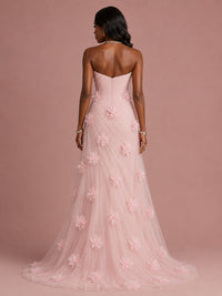 Pink 3D Floral Applique Strapless Tulle Prom Dress with High Slit