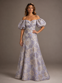 Off the Shoulder Puff Sleeve Lilac Floral Satin Mother of The Bride Dress