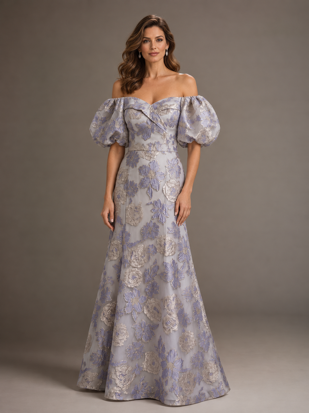 Off the Shoulder Puff Sleeve Lilac Floral Satin Mother of The Bride Dress