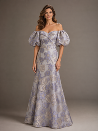 Off the Shoulder Puff Sleeve Lilac Floral Satin Mother of The Bride Dress