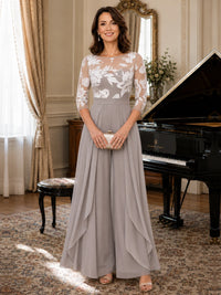 Lace Applique Wide-Leg Chiffon Mother of the Bride Jumpsuit