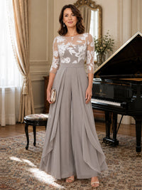 Lace Applique Wide-Leg Chiffon Mother of the Bride Jumpsuit