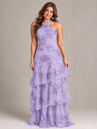 Hot Pink Halter Floral Applique Maxi Dress