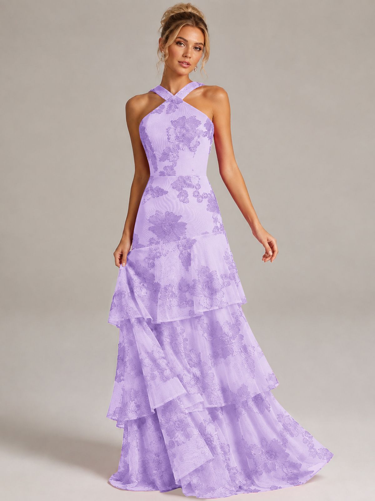 Tiered Ruffles Halter Floral Applique Prom Dress