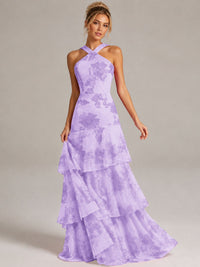 Tiered Ruffles Halter Floral Applique Prom Dress