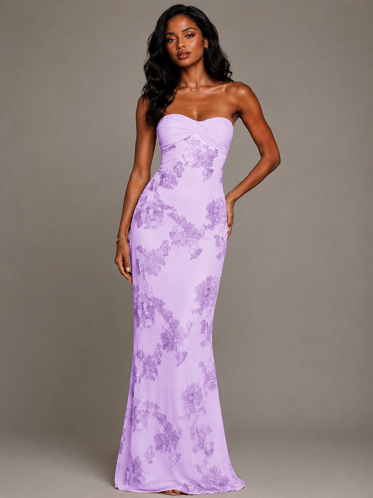 Strapless Floral Applique Mermaid Prom Dress