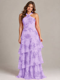 Tiered Ruffles Halter Floral Applique Prom Dress