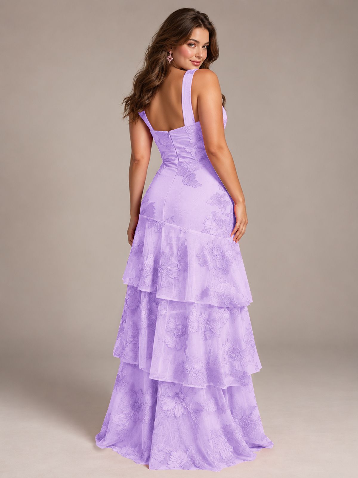 Tiered Ruffles Halter Floral Applique Prom Dress