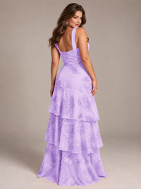 Tiered Ruffles Halter Floral Applique Prom Dress