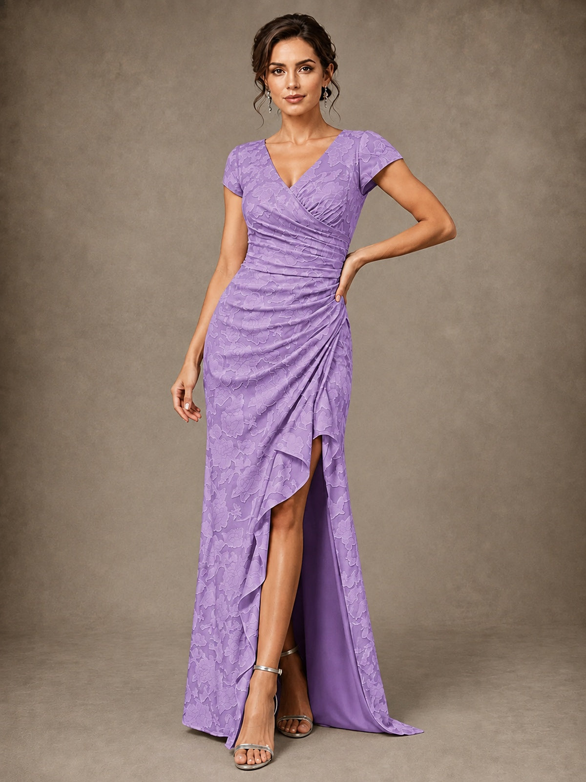 V-Neck Floral Jacquard Mother of the Bride Dress with Slit