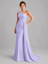 One-Shoulder Ruched Floral Lace Floor-Length Prom Dress