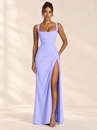 Square Neck Satin Sleeveless Ruched Prom Dress with High Slit