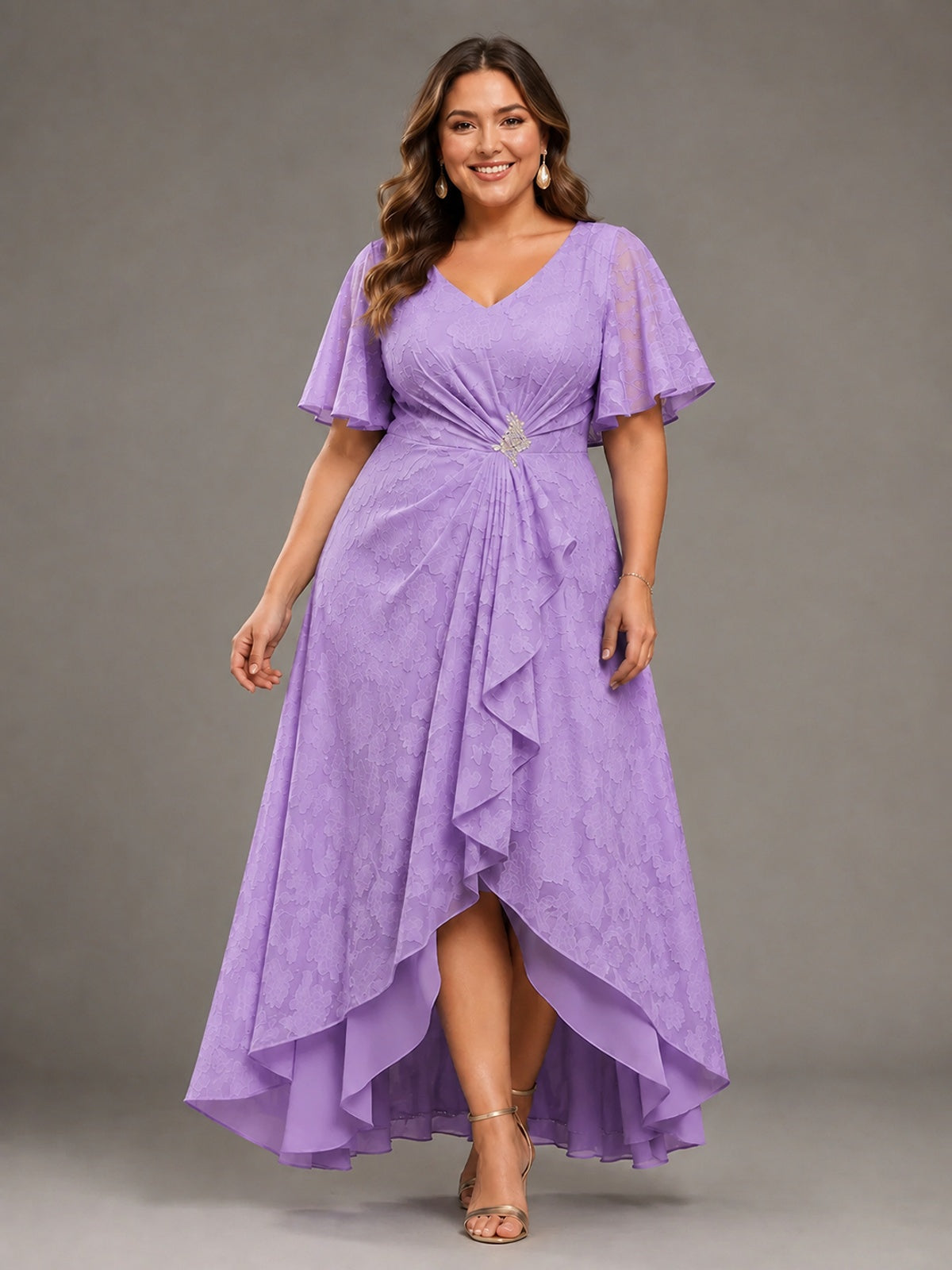 Jacquard Chiffon A-Line V-Neck High-Low Mother of the Bride Dress