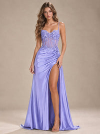Mermaid Satin Prom Dress with Floral Appliqué Corset and High Slit