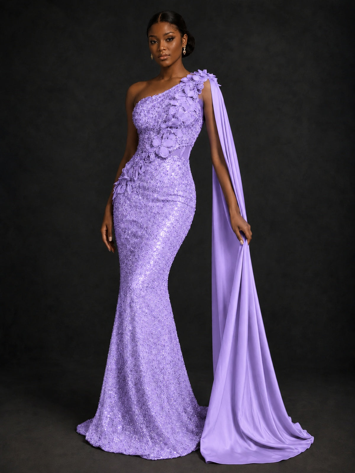 Gold Sequin One Shoulder Mermaid Prom Dress with Cape