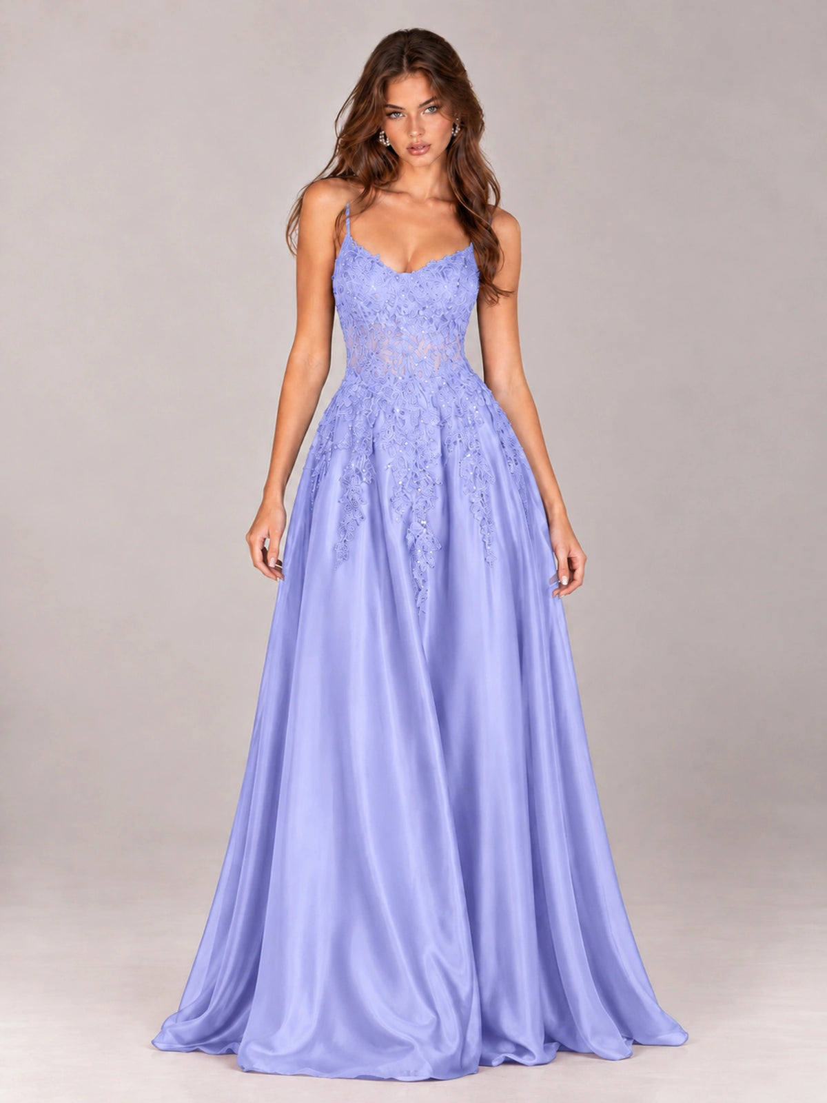 Lace Applique Satin A-Line Prom Dress with Sheer Bodice