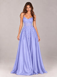 Lace Applique Satin A-Line Prom Dress with Sheer Bodice