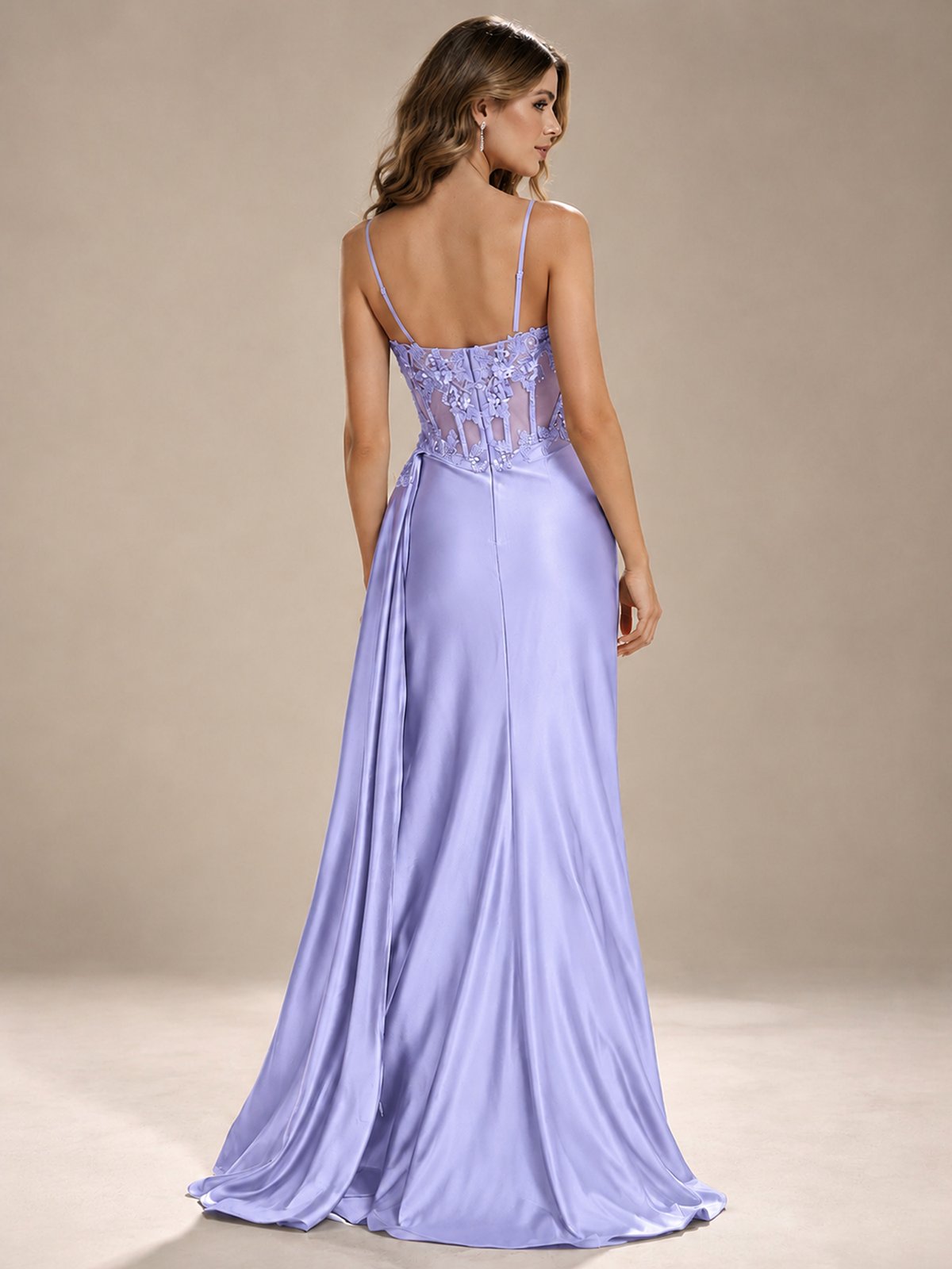 Mermaid Satin Prom Dress with Floral Appliqué Corset and High Slit