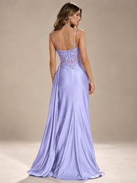 Mermaid Satin Prom Dress with Floral Appliqué Corset and High Slit
