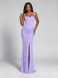 Sequin Corset Mermaid Prom Dress with Square Neck Wide Strap High Slit