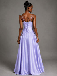 Lavender V Neck Satin Prom Dress with Spaghetti Straps