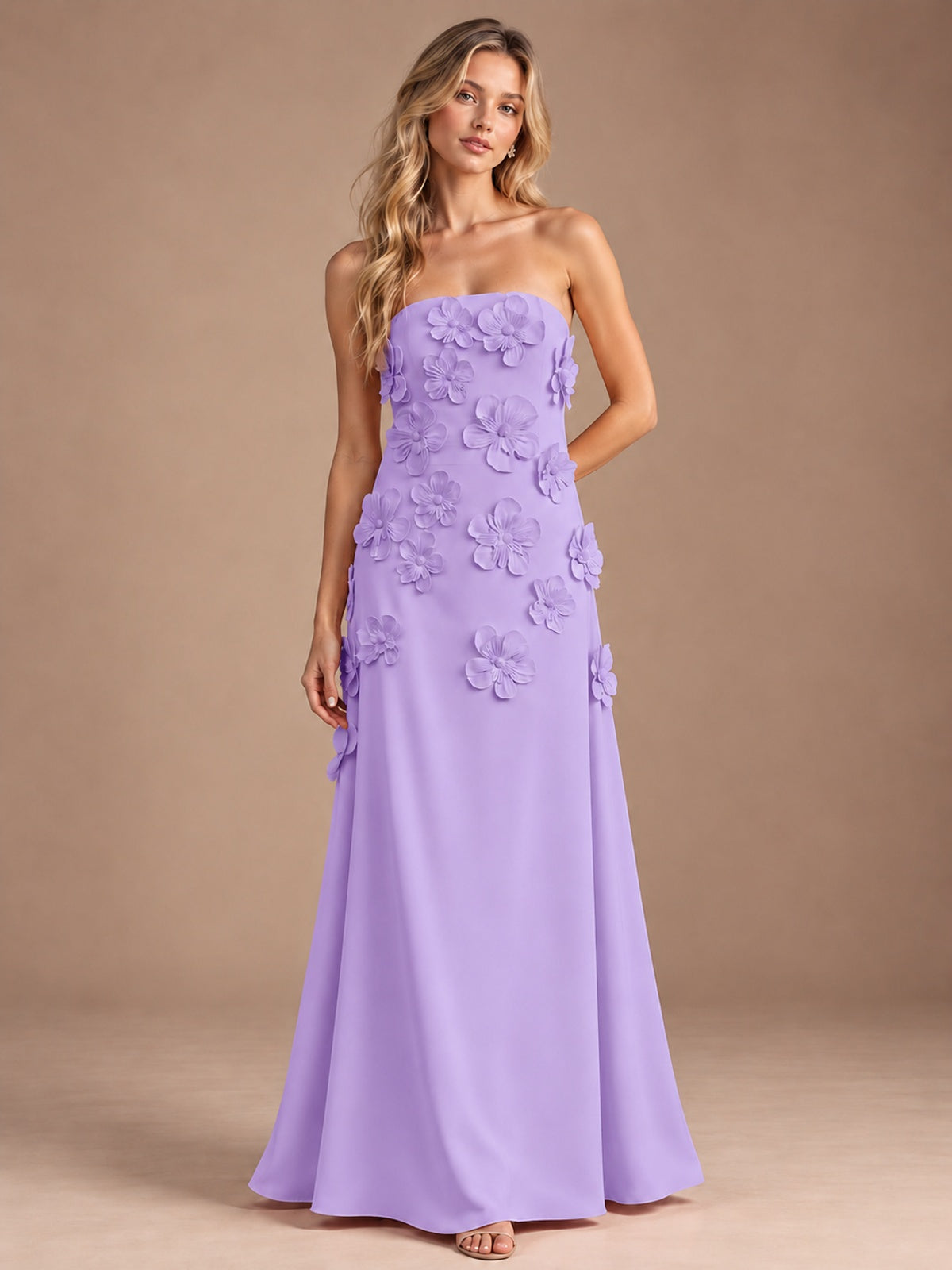 Lavender-Strapless 3D Floral A-line Satin Prom Maxi Dress Formal Evening Gown