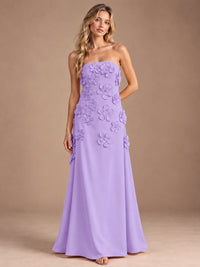 Lavender-Strapless 3D Floral A-line Satin Prom Maxi Dress Formal Evening Gown