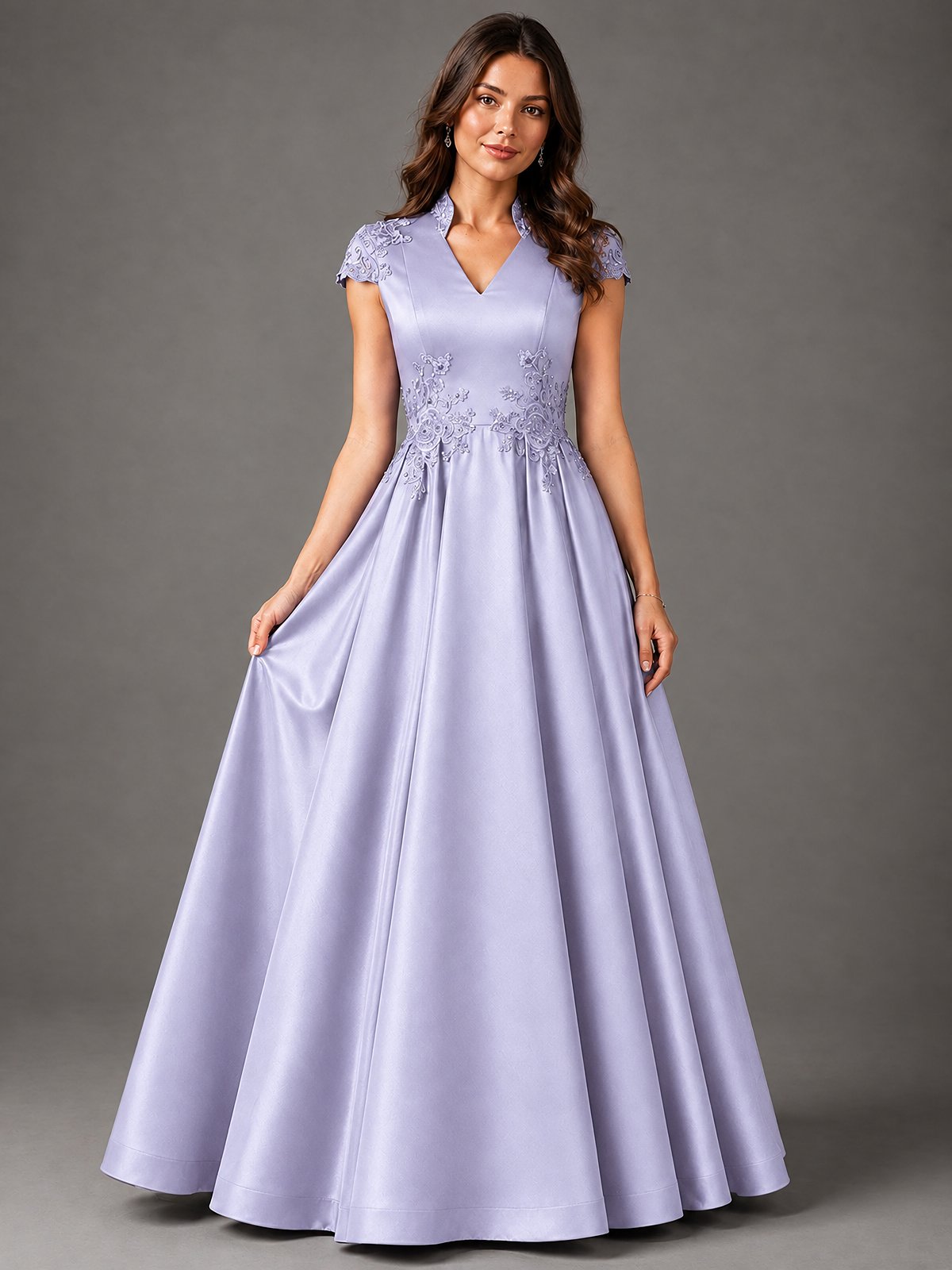 Lace Appliqué A-Line Satin Maxi Dress
