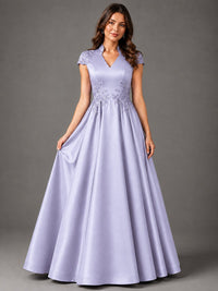 Lace Appliqué A-Line Satin Maxi Dress