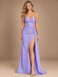 Burgundy Sequin Corset Prom Dress with High Slit