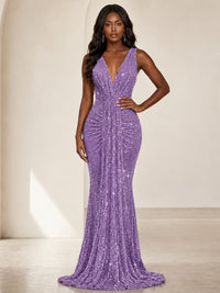 Sequin Mermaid Prom Dress with V-Neck and Ruched Waist