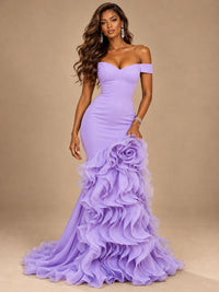 Dusty Blue Off-the-Shoulder Mermaid Prom Dress with 3D Rose & Ruffles