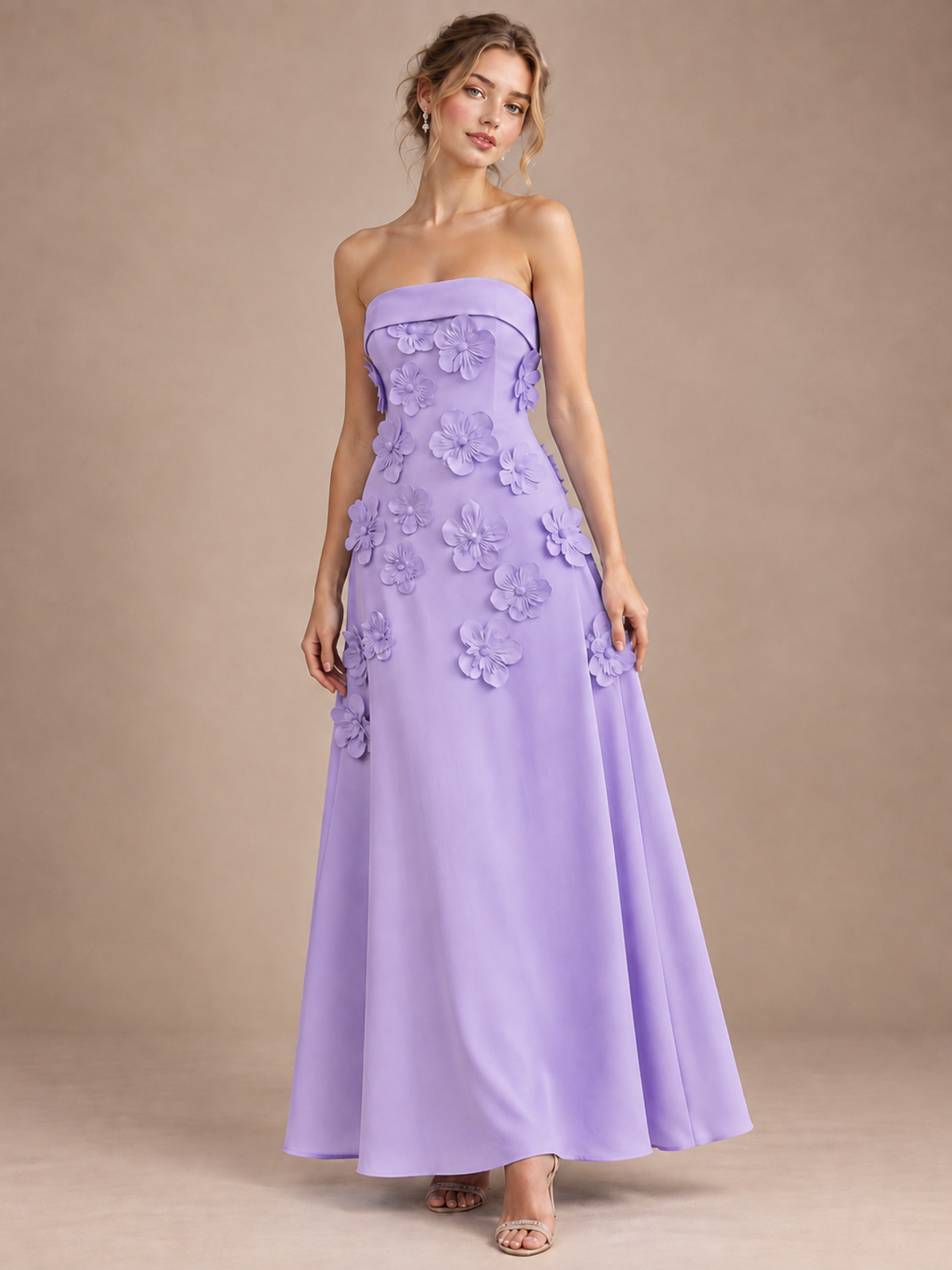 Lavender Strapless 3D Floral Appliques Maxi Dress