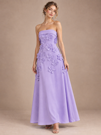 Lavender Strapless 3D Floral Appliques Maxi Dress